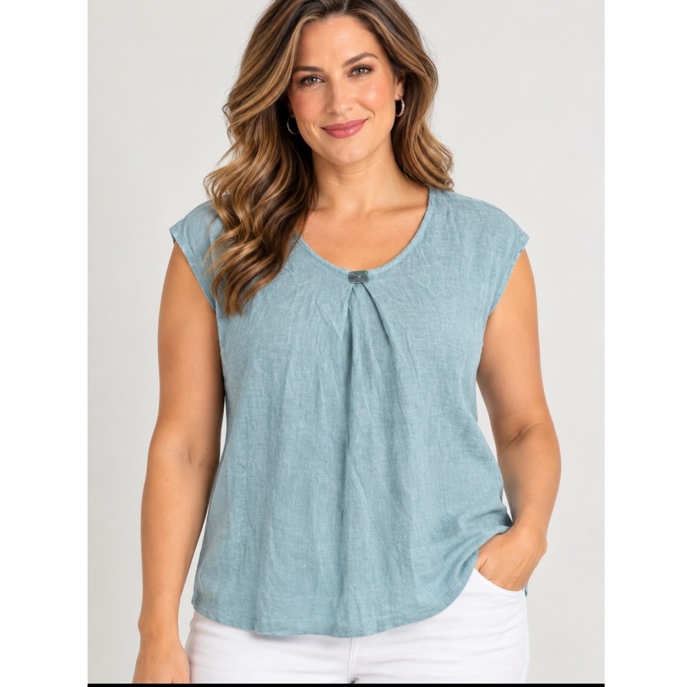 Tahari Women's M 100% Linen Blue Cap Sleeve Pleated Front Top Button Back V-Neck